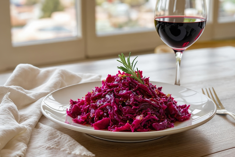 Rotkohl ist farblich wie aromatisch eine gute Alternative zum Rosenkohl und verleiht dem Menü zugleich eine schöne Würze.
